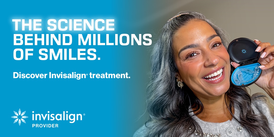 Smiling woman holding an open case of Invisalign aligners. The science behind millions of smiles. Discover Invisalign treatment. Invisalign Provider.